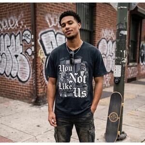 DOM “You Not Like Us” Graphic Tee Black Men’s 2XL – Streetwear Cats Funny Print